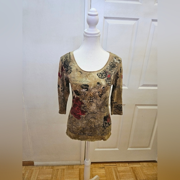 RARE NEW Y2K GLIMA Tan Red Tie Dye Print Japan Geisha Cotton Blouse Top S - Picture 2 of 9